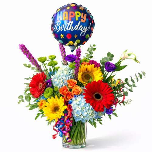 Birthday Bash: A vibrant bouquet with sunflowers, gerbera daisies, roses, and mixed flowers in a glass vase, topped with a "Happy Birthday!" balloon and festive ribbon—perfect from your local Clayton florist.