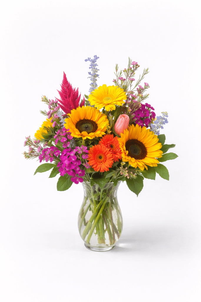 The Garden Stroll Vase features a vibrant mix of sunflowers, pink and purple blooms, orange gerbera daisies, and lush greenery—expertly arranged for fresh flower delivery in Clayton NC by Clayton NC Florist.