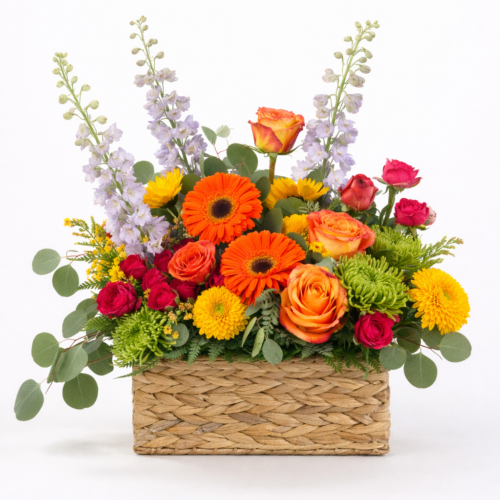 The Brilliant Blooms Basket features orange gerbera daisies, yellow chrysanthemums, roses, green foliage, and light purple flowers—perfect for Flower Delivery in Clayton NC from The Florist at Plantation.