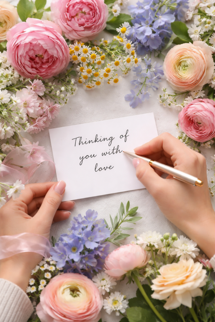 lady writing a thinking of you note for fresh flower delivery from Clayton Florist in Clayton
