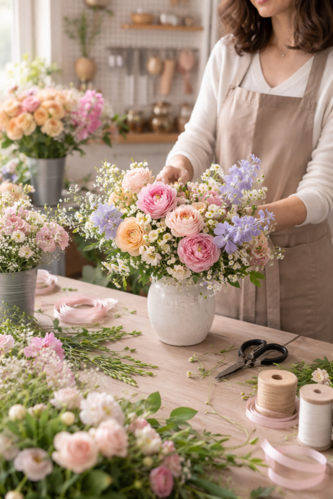 Becky, a designer at Clayton Florist in Clayton, makes a Designer's Choice flower arrangement ready for delivery