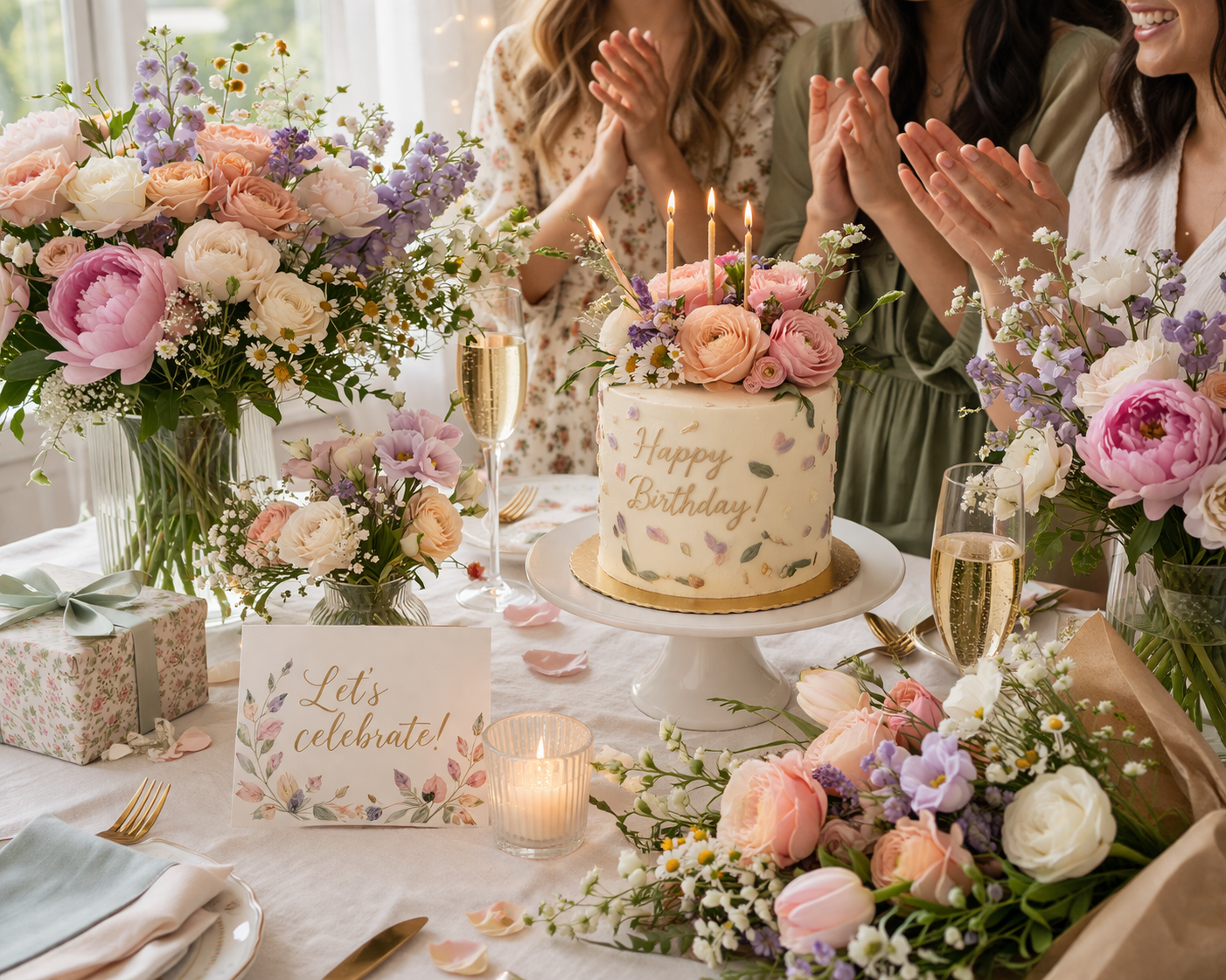 friends gathering with birthday flowers that were delivered by the florist at plantation in clayton