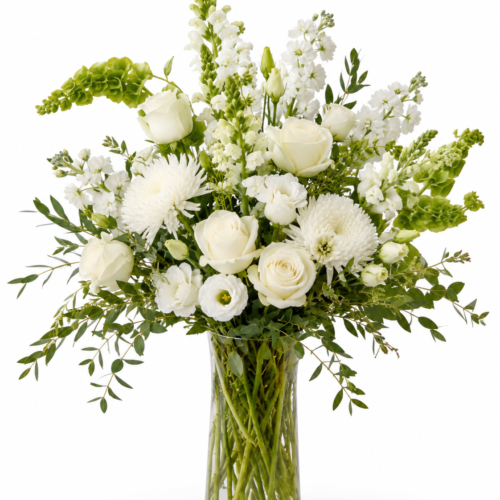 Vase of white florals with a little green made fresh in Clayton nc florist