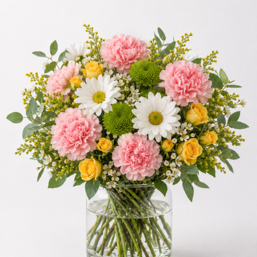 Springtime Charm is a bouquet of pink roses, white daisies, yellow mini roses, and green foliage in a clear glass vase—ideal for flower birthdays made by Clayton Florist.