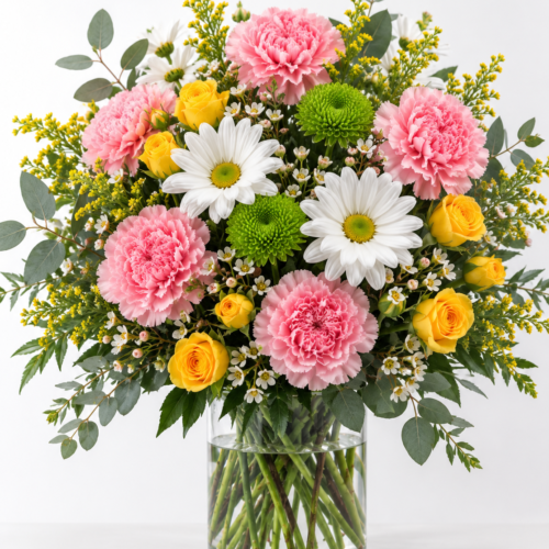 Pink carnations and yellow mini roses