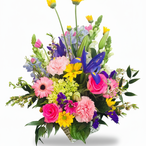 The Bright Fields Vase from The Florist at Plantation features pink roses, yellow daisies, purple irises, gerbera daisies, snapdragons, and greenery—beautifully arranged by your trusted Clayton NC Florist.