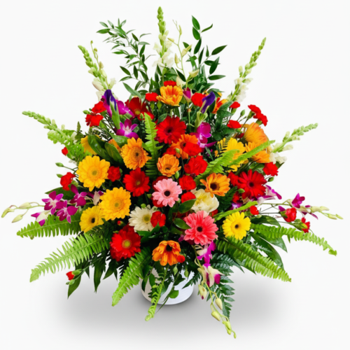 The Vibrant Harmony Sympathy Basket from The Florist at Plantation features colorful gerbera daisies, snapdragons, orchids, and lush green ferns in a white vase against a simple white background.