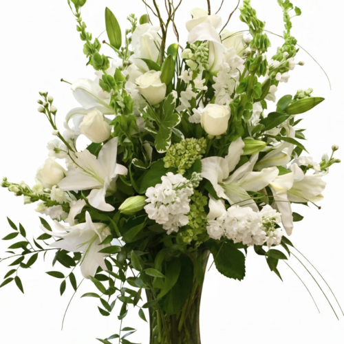 Quiet Devotion: An elegant glass vase with white lilies, roses, and assorted blooms, accented by lush greenery and tall branches—beautifully arranged by your local Clayton florist.