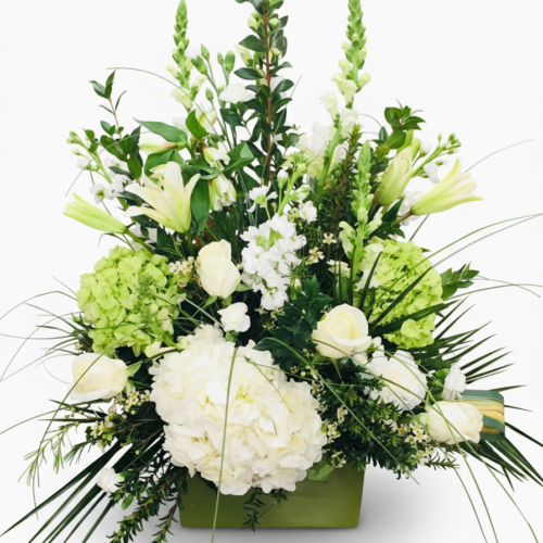 The Serene Ivory Tribute from The Florist at Plantation features white lilies, hydrangeas, roses, snapdragons, and green foliage in a square green vase—perfect for flower delivery in Clayton NC.