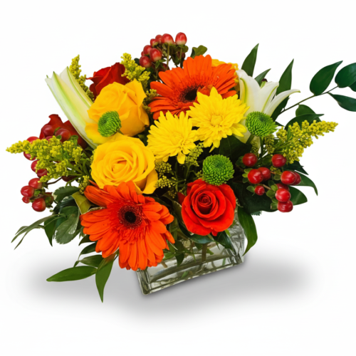 The Sunset Cheer Vase Arrangement showcases orange gerbera daisies, yellow and red roses, chrysanthemums, green button poms, red berries, and greenery in a glass vase—expertly crafted by your trusted Clayton florist.