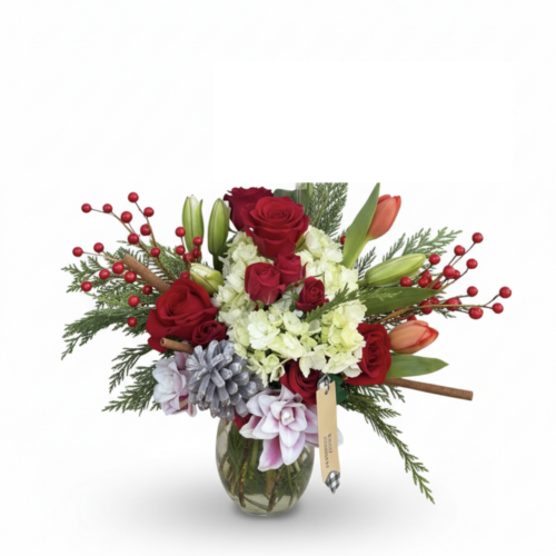 Frosted Winter Roses: A festive floral vase arrangement with red roses, white hydrangeas, orange tulips, red berries, pine cones, winter greenery, and cinnamon sticks—expertly crafted by your local Clayton florist.
