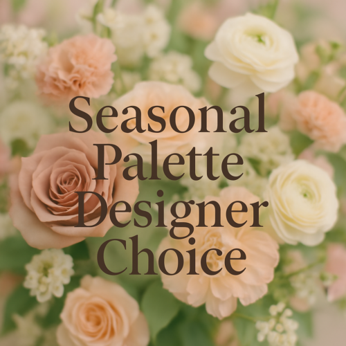 Text over soft peach, cream, and blush flowers reads “Seasonal Designer Choice.” The Florist at Plantation offers an elegant atmosphere, perfect for Clayton NC Flower Delivery with a beautiful blurred bouquet in the background.