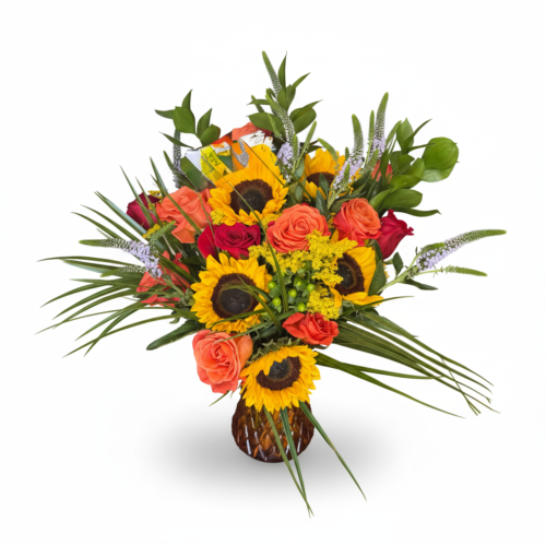 The Sunshine & Citrus Vase from The Florist at Plantation features sunflowers, orange and red roses, green leaves, and purple accent flowers in a brown vase, beautifully arranged against a white background.