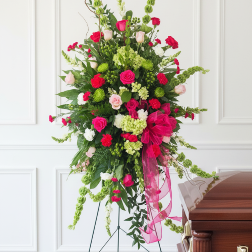 The Everlasting Memories Standing Spray from a Clayton florist features pink, red, and white roses with greenery and a pink ribbon, displayed beside a wooden casket in a room with white paneled walls.