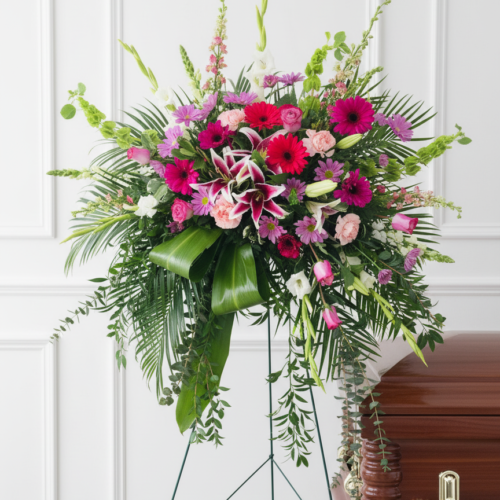 The Final Farewell Standing Spray features pink, purple, and white blooms with greenery, beautifully displayed beside a closed wooden casket in a white-paneled room from your trusted Clayton NC Flower Delivery.