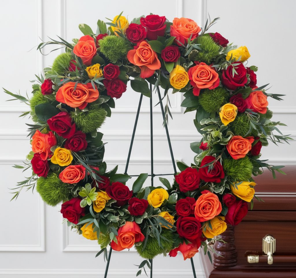 The Warm Sunset Rose Wreath Spray, featuring red, orange, and yellow roses with lush greenery on a stand, is displayed by Clayton Florist.