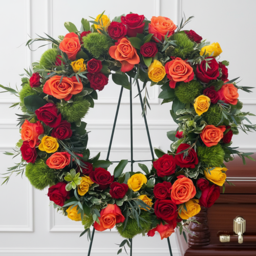 The Warm Sunset Rose Wreath Spray, featuring red, orange, and yellow roses with lush greenery on a stand, is displayed beside a closed wooden casket in a white-paneled room from your trusted Clayton Florist.