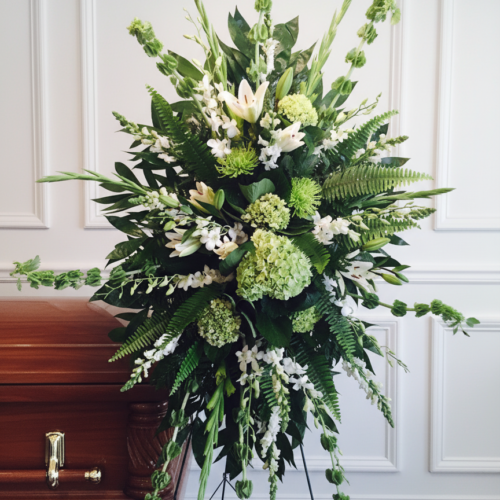 The Softly with Grace Standing Spray by The Florist at Plantation, with white lilies, green hydrangeas, and assorted greenery, is displayed on a tripod beside a closed wooden casket in a room with white paneled walls.