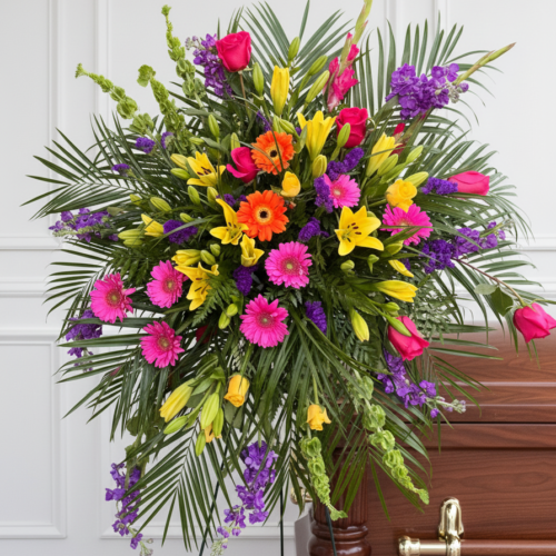 The Radiant Goodbye Standing Spray from a Clayton Local Florist displays pink roses, yellow lilies, orange gerberas, and purple flowers on a stand beside a closed wooden casket with a gold handle.