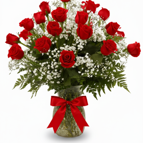 The 18 Red Roses bouquet features red roses and white baby's breath in a clear glass vase with green foliage, tied with a red ribbon—perfect for Clayton NC Flower Delivery from your local florist.