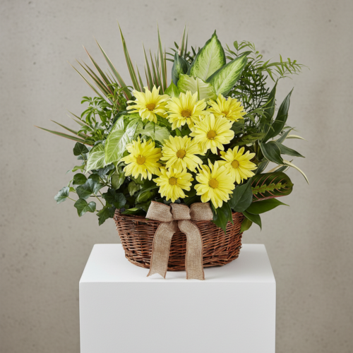 The Green Plant Basket Garden & Fresh Blooms, featuring vibrant yellow daisies, lush green foliage, and a charming burlap ribbon in a wicker basket, sits on a white pedestal—ideal for Flower Delivery in Clayton NC.