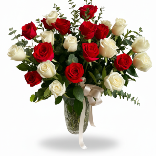 Two Dozen Red and White Roses arranged in a glass vase with greenery and a white ribbon bow, set against a white background—ideal for Clayton NC Flower Delivery from your local florist.