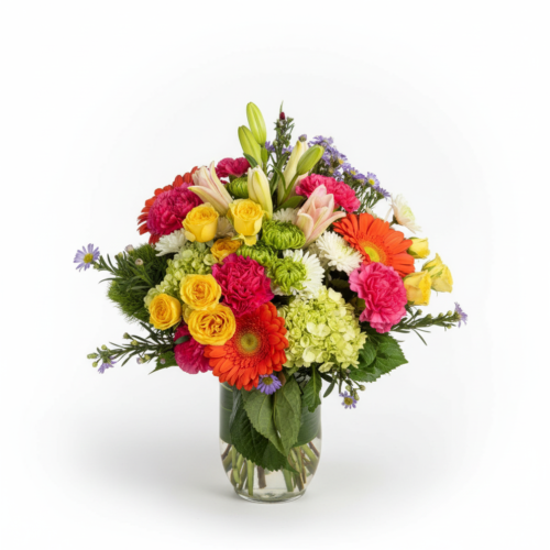 The Sunlit Garden Burst from Clayton Florist is a clear glass vase filled with yellow roses, orange gerbera daisies, pink carnations, white lilies, green hydrangeas, and purple sprigs against a white background.