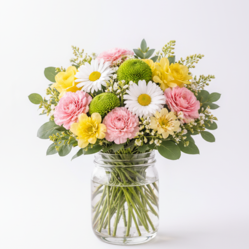 Springtime Charm is a bouquet of pink roses, white daisies, yellow blooms, and green foliage in a clear glass jar—ideal for flower delivery in Clayton, NC from The Florist at Plantation.