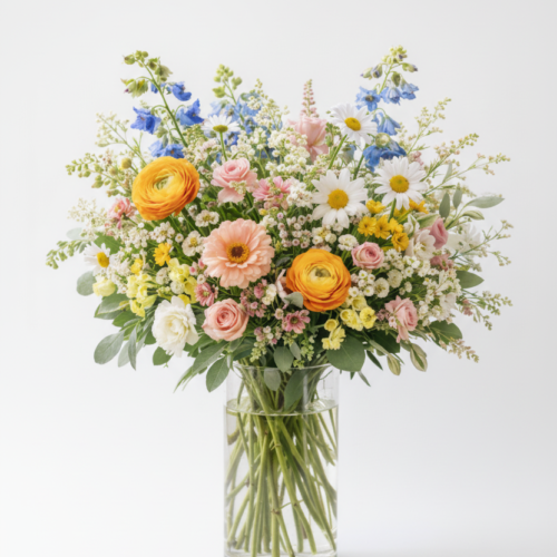 Wildflower Harmony features a clear glass vase filled with daisies, yellow ranunculus, blue delphiniums, pink roses, and greenery—expertly arranged by The Florist at Plantation against a plain white background.