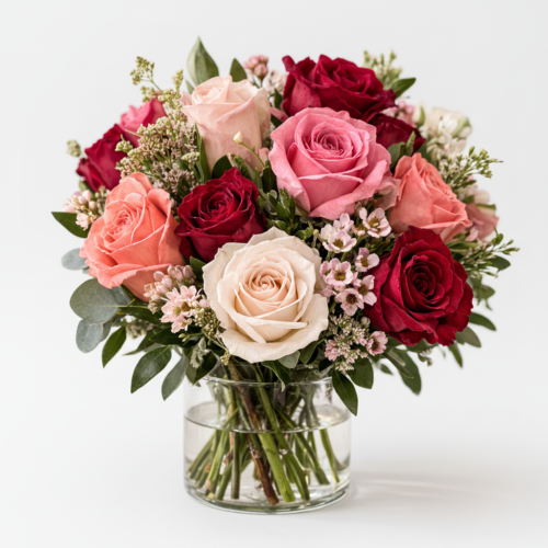 The Romantic Rose Symphony features a clear glass vase filled with red, pink, and cream roses, accented by white blooms and green foliage—expertly arranged by your local Clayton florist against a white background.