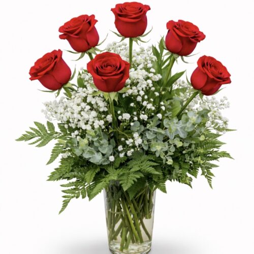 The Half Dozen Red Roses features six red roses in a clear glass vase, accented with white baby's breath and green ferns—expertly arranged by The Florist at Plantation, your trusted Clayton NC florist.