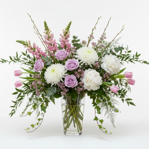 A glass vase filled with an arrangement of pink tulips, lavender roses, white chrysanthemums, white peonies, pink snapdragons, and assorted greenery against a white background.