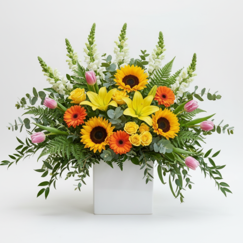 A vibrant flower arrangement in a white square vase features sunflowers, yellow lilies, orange gerbera daisies, pink tulips, white snapdragons, yellow roses, and lush green foliage, displayed against a plain white background.