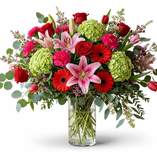 A glass vase filled with a colorful bouquet of pink lilies, red roses, red gerbera daisies, green hydrangeas, pink tulips, and assorted greenery, arranged against a white background.