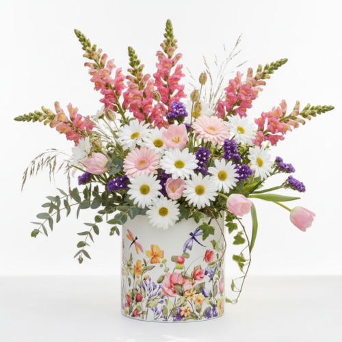 A floral arrangement of pink snapdragons, white daisies, purple statice, and pink tulips in a decorative vase with painted flowers and dragonflies on a white background.