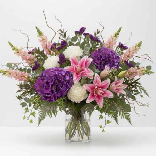 A clear glass vase filled with a vibrant floral arrangement, featuring purple hydrangeas, pink lilies, white peonies, pink snapdragons, fern leaves, and curly willow branches against a plain white background.
