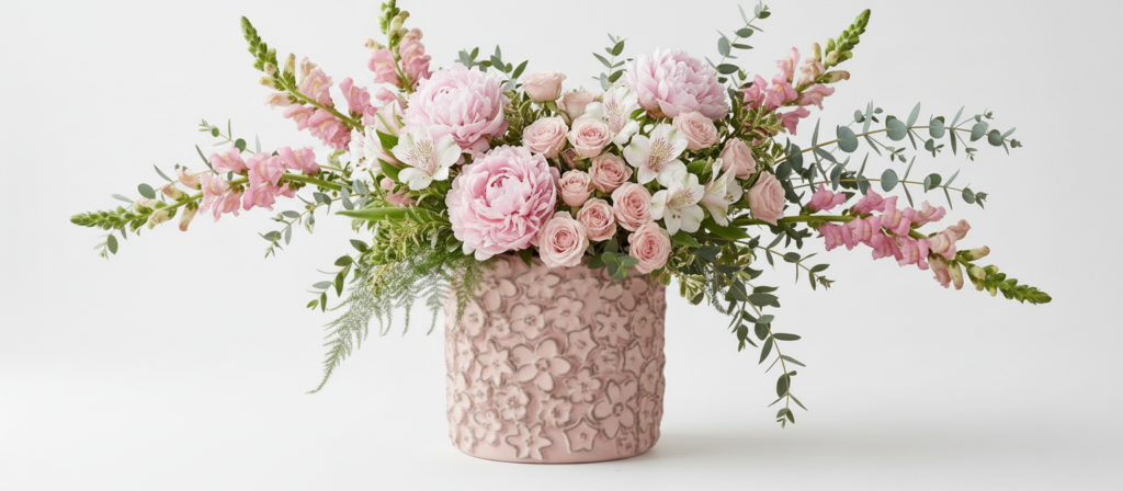 A floral arrangement of pink peonies, roses, and snapdragons with greenery in a textured pink ceramic vase for Mother's Day flower delivery in Clayton
