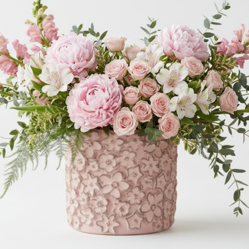 A floral arrangement of pink peonies, roses, and snapdragons with greenery in a textured pink ceramic vase against a white background.