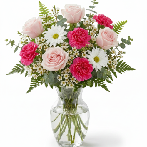 A clear glass vase filled with light pink roses, bright pink carnations, white daisies, small white filler flowers, and assorted greenery, arranged in a fresh floral bouquet.
