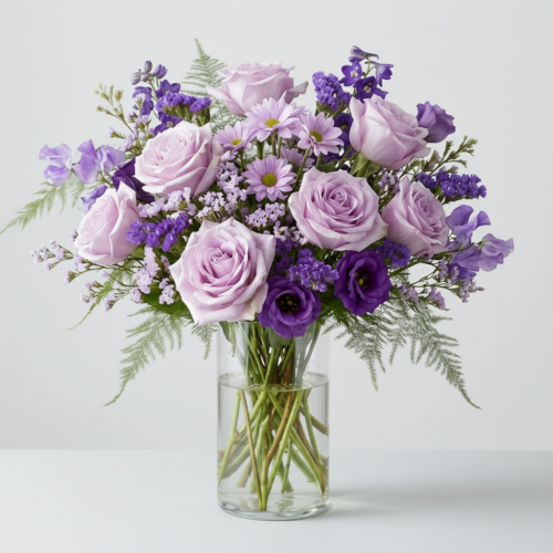 A clear glass vase filled with a bouquet of light purple roses, deep purple flowers, small white daisies, and greenery, arranged against a plain, light background.