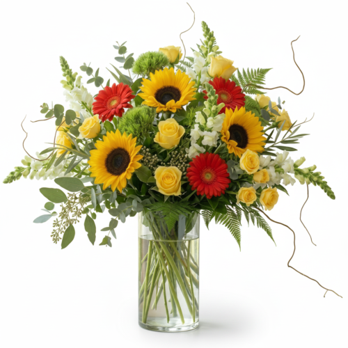 A glass vase holds a vibrant bouquet of sunflowers, red gerbera daisies, yellow roses, white snapdragons, green accents, and assorted greenery on a white background.
