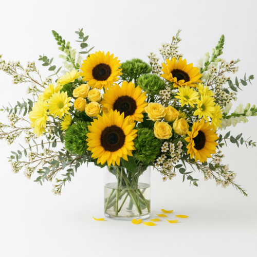 A clear glass vase filled with a vibrant bouquet of sunflowers, yellow roses, green chrysanthemums, and assorted greenery, arranged against a white background with a few scattered yellow petals.