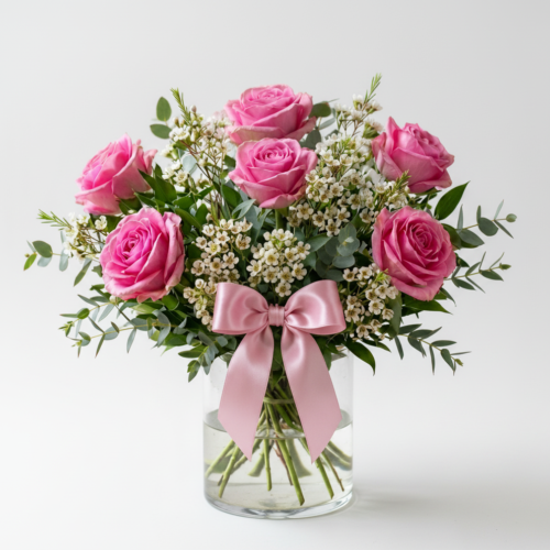 A clear glass vase holds a bouquet of pink roses and white filler flowers, accented with green foliage. The arrangement is tied with a pink satin ribbon bow around the vase. The background is plain white.