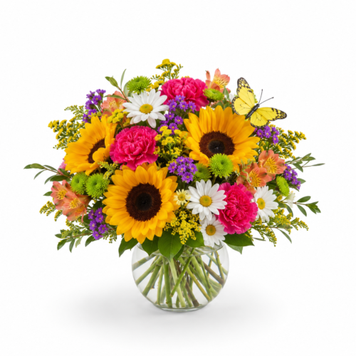 the Sunny Garden Bowl by Clayton Florist is a local favorite to help them feel better soon. Showing bright local sunflowers, daisies and hot pink carnations.
