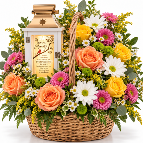 Daisies and roses arranged around a lighted memorial lantern in a wicker basket designed by hand at Clayton Florist