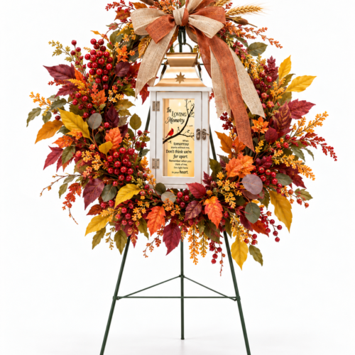 Keepsake Lantern Stand with Faux Wreath