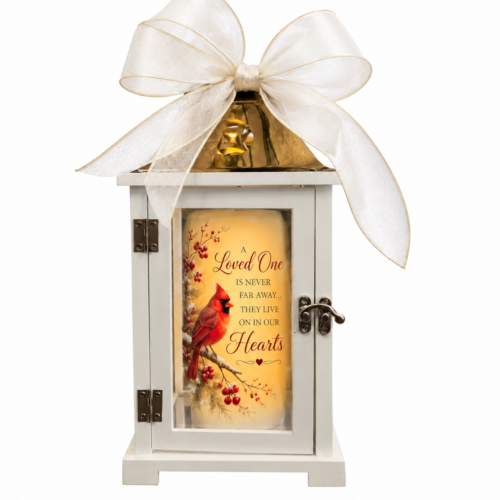memorial lantern with led candle inside on a timer and a white ribbon for delivery by clayton florist in 27520