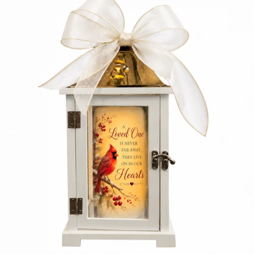 memorial lantern with led candle inside on a timer and a white ribbon for delivery by clayton florist in 27520